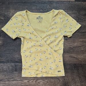 Hollister Yellow Floral Wrap Ribbed Crop Top